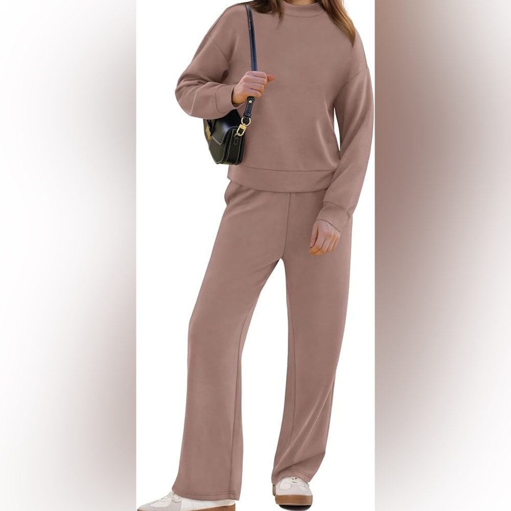 Wiholl Mock Turtleneck and Wide-Leg Pants Set in Pink Coffee